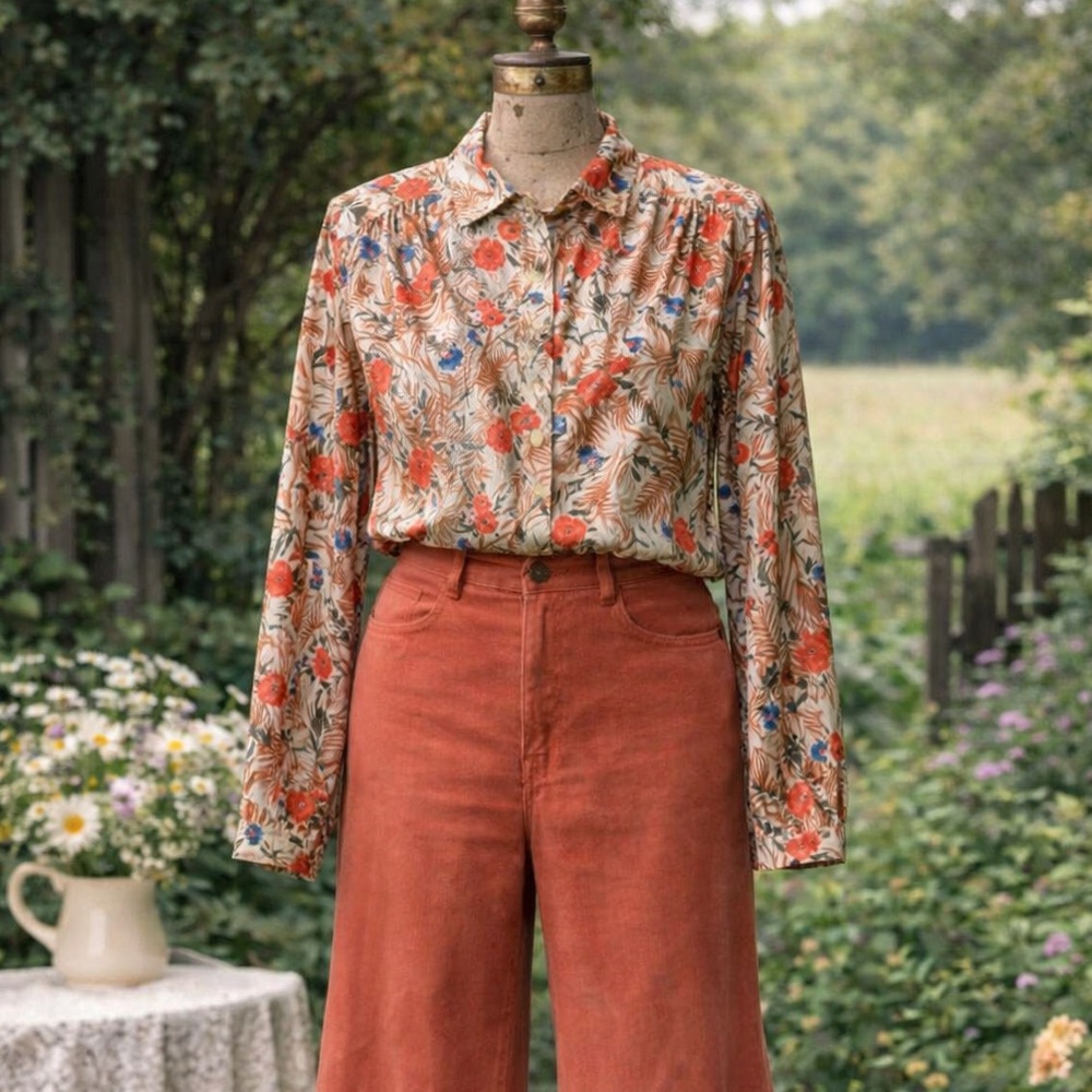 Vintage 1970s Floral Button-Up Blouse in Cream & Orange